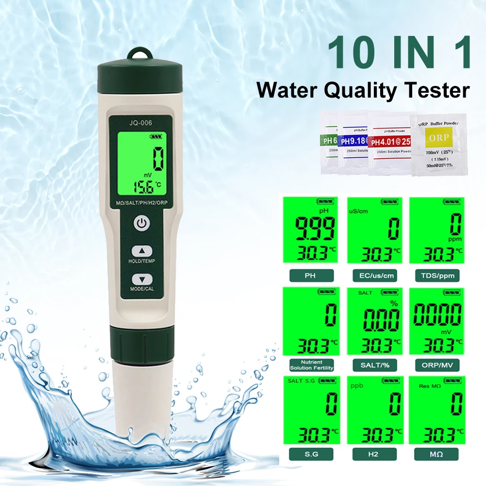 Тестер качества воды 10 в 1, PH/TDS/Соль/SG/ORP/EC/Водород/сопротивление/температура/питательные вещества, многофункциональная ручка для бассейна
Тестер качества воды 10 в 1, PH/TDS/Соль/SG/ORP/EC/Водород/сопротивление/температура/питательные вещества, многофункциональная ручка для бассейна