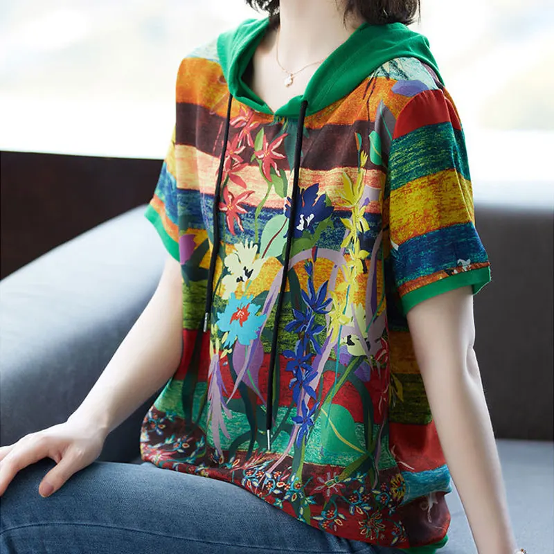 

Streetwear Hooded Stylish Drawstring T-shirt Summer Short Sleeve Female Folk Floral Printed Spliced All-match Loose Pullovers