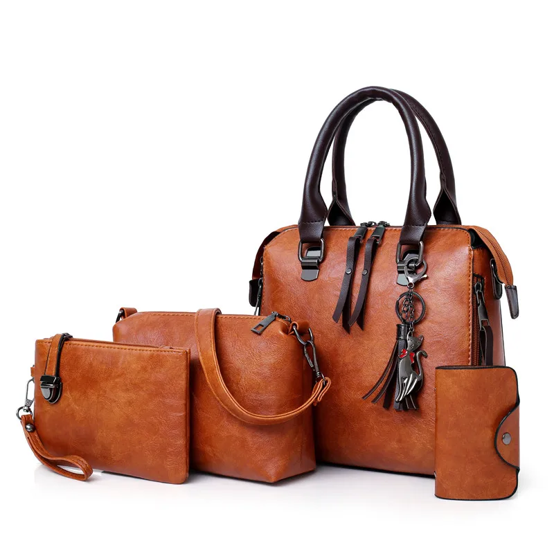 

4pcs/set wax oil leather Shoulder Bags for women 2024 handbag purse designer handbags Tassels hight quality woman bag sac a main
