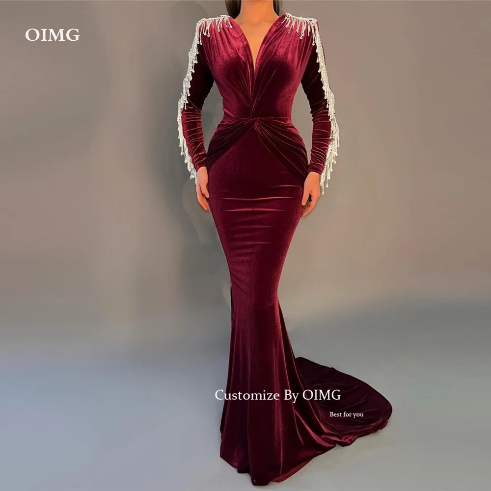 OIMG Eleagnt Dark Red Velvet Mermaid Evening Dresses Long Sleeves Tassel V Neck Vintage Party Celebrity Prom Gowns Dubai Arabic
OIMG Eleagnt Dark Red Velvet Mermaid Evening Dresses Long Sleeves Tassel V Neck Vintage Party Celebrity Prom Gowns Dubai Arabic