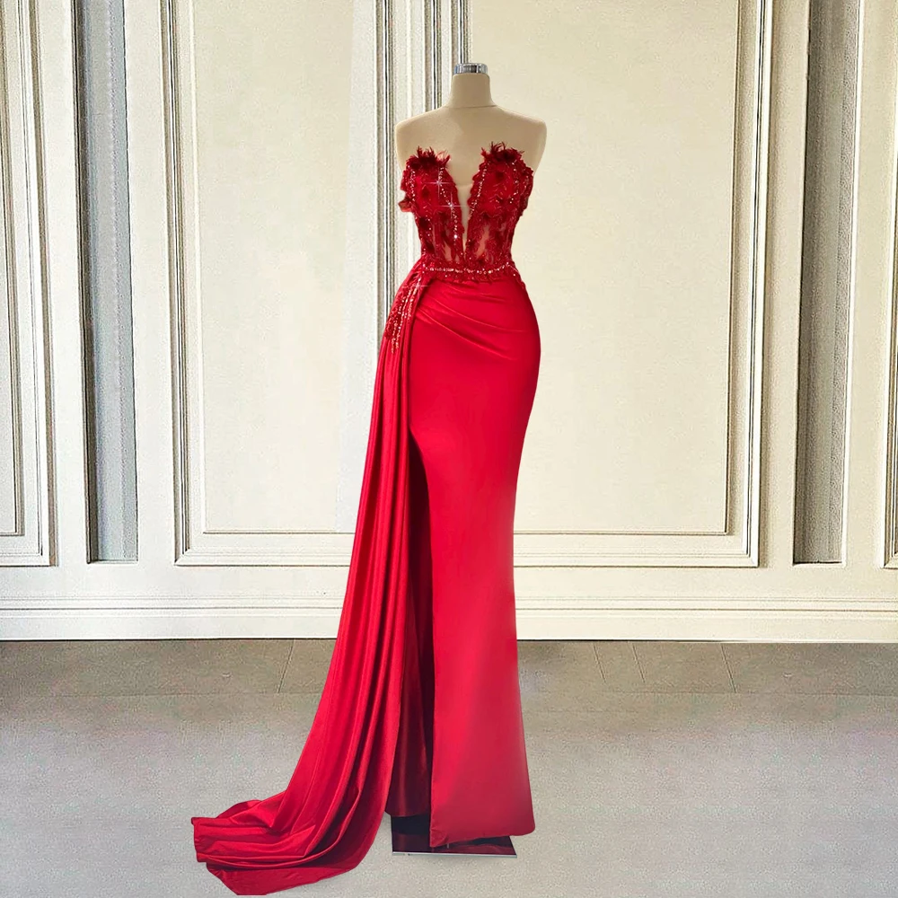 

Red Mermaid Long Prom Dresses for Wedding Party 2023 Luxury Beaded with Feathers Sweetheart High Slit Women Formal Evening Gown