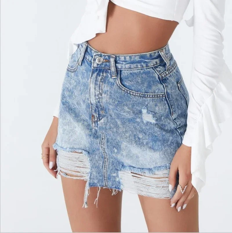 

2021 New Women's Washed Mini Denim Skirt High Waist Distressed Ripped Snowflake Fringed Hole Bag Hip Skirt Short Skirt Clothing