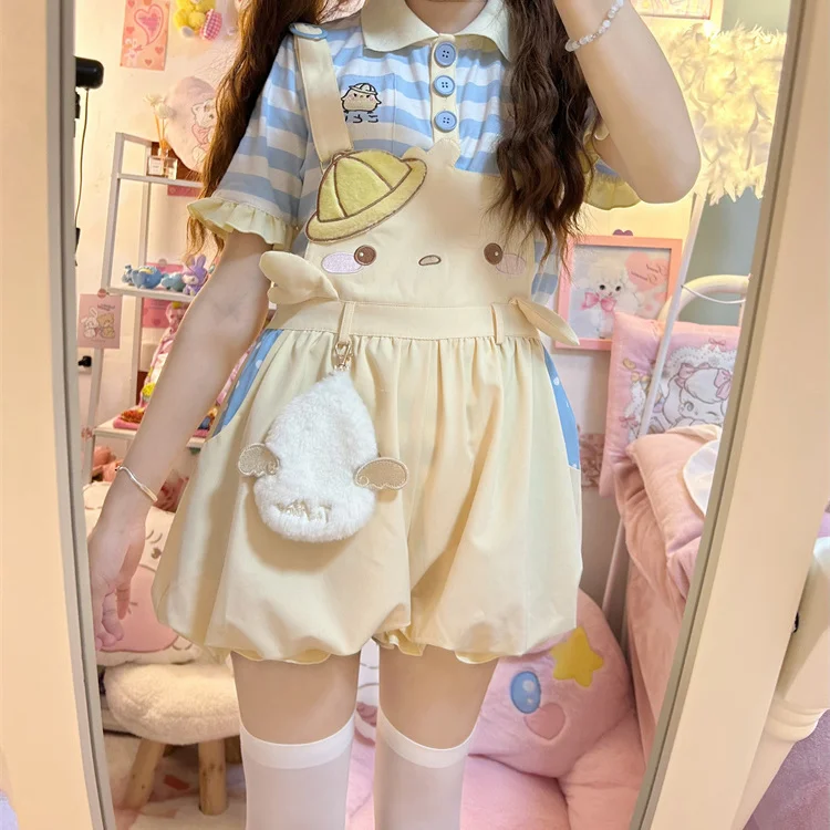 

Sweet Lolita Style Shorts Women Casual Kawaii Cartoon Embroidery Overalls Short Pants Japanese Girls Cute Party Bloomers Shorts