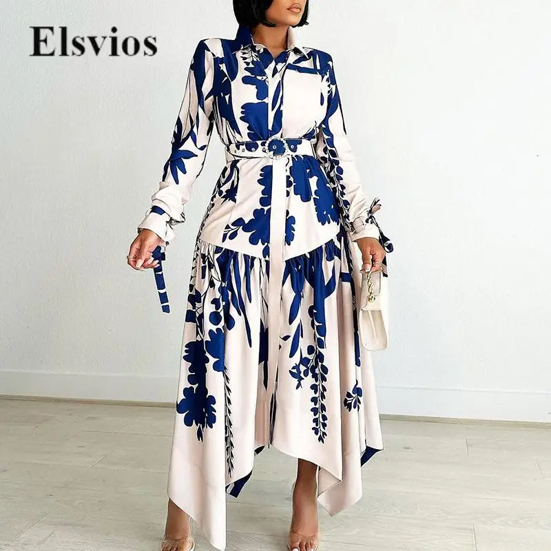 

Elegant Tie-up Bow Cuff Long Sleeve Party Dress New Casual Loose Belt Women Maxi Dress Fashion Print Pleat Irregular Shirt Dress