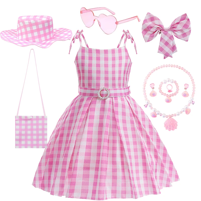 

Baby Girls Movie Princess Dress Cosplay Costume Pink Plaid Beach Barbi Outfit Birthday Halloween Carnival Party Kids Dress
