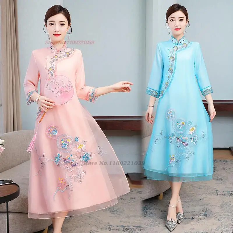 

2024 chinese traditional dress improved cheongsam national flower embroidery chiffon qipao chinese banquet evening dress vestido