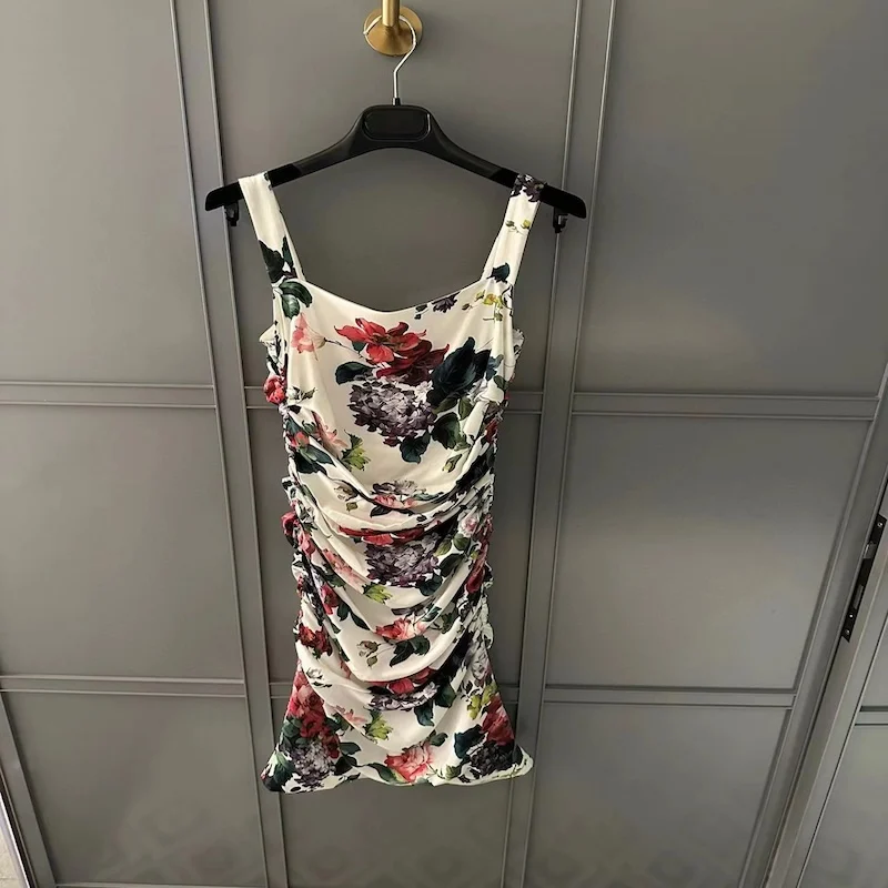 

Fyion Runway Flower Sexy Silk Dress Summer 2024 Women Spaghetti Strap Sleeveless Floral Print Draped Dress