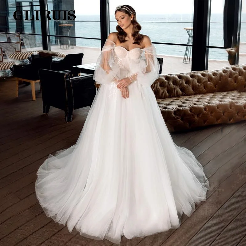 

New Design Sweetheart Wedding Dress Appliques Pleats Detachable Puffy Sleeve Lace Up Tulle A-line Bridal Gowns Vestido De Noiva