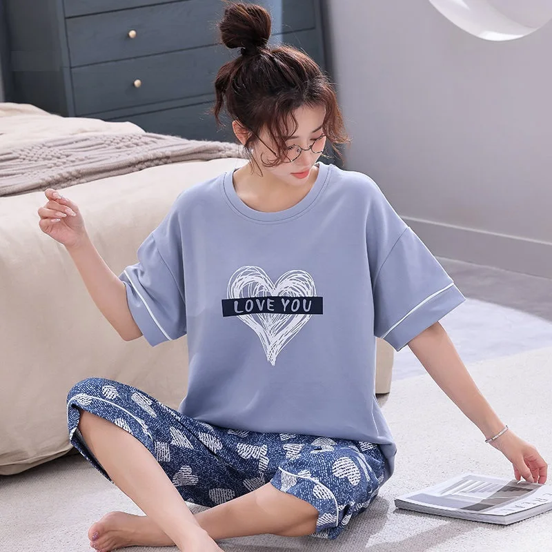 

Summer Knitted Cotton Cartoon Pajamas Sets Women Pyjamas Sleepwear Nightwear Pijama Mujer Plus Size Calf-Length Pants Homewear