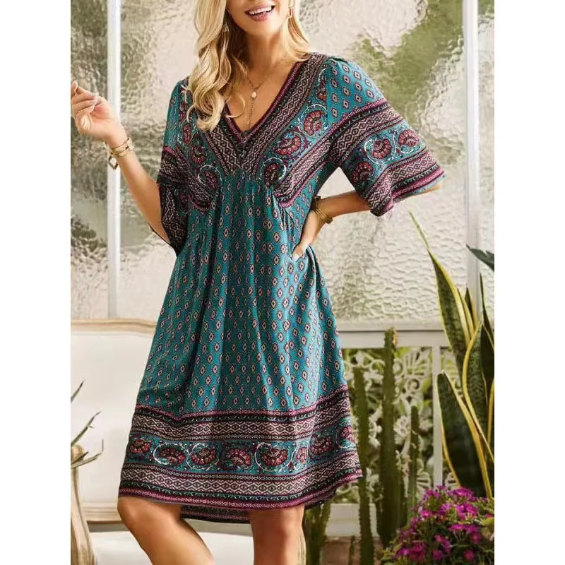 

Bohemian Short Sleeve Dress Mujer Fashion Ethnic Style Women's Vestido Summer New Casual Pullover Sexy V-Neck Panel A-Line Dress