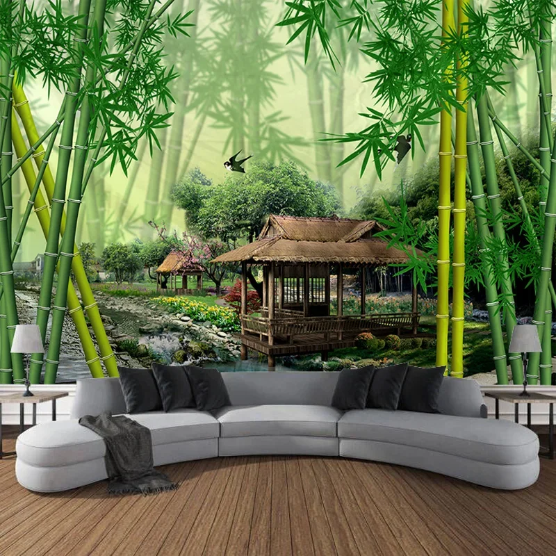 

Green Bamboo Hut, Small Bridge, Landscape Wall, Tapestry, Art Curtain, Hanging Cloth, Home, Bedroom, Living Room Decoration