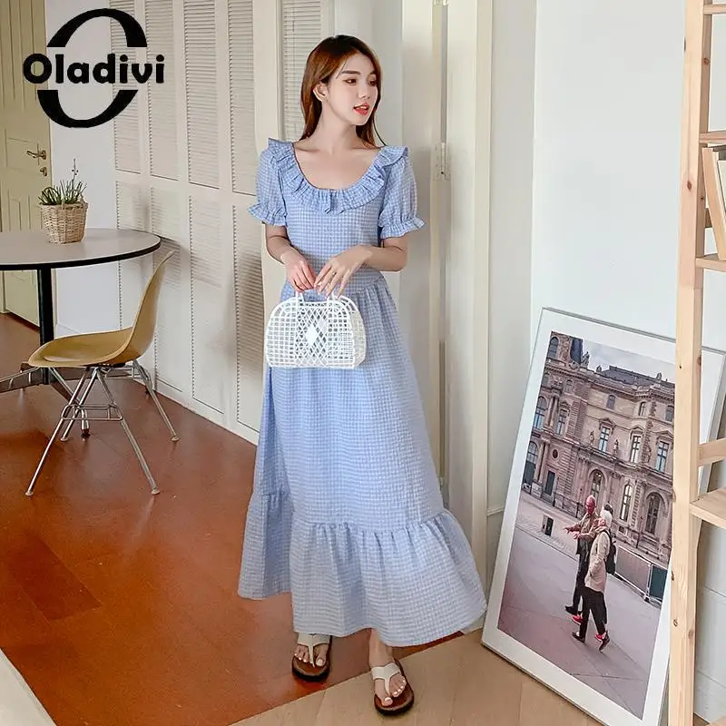 

Oladivi Fashion Plaid Large Size Women's Casual Loose Ruffle Dress 2023 Summer Oversized Long Dresses Female Tunic Robe 4XL 1035