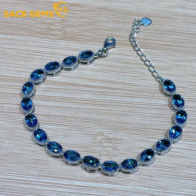 

SACEGEMS 925 Sterling Silver 4*6MM Natural London Blue Topaz Gemstone Bracelrts for Women Engagement Cocktail Party Fine Jewelry