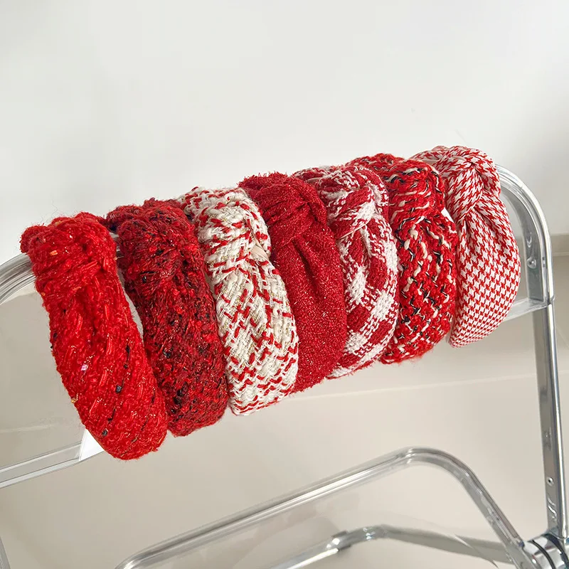 

Женская красная шерстяная повязка на голову в клетку с узлом, повязка на голову в стиле ретро, рождественские аксессуары для волос для взрослых, рождественские украшения для волос