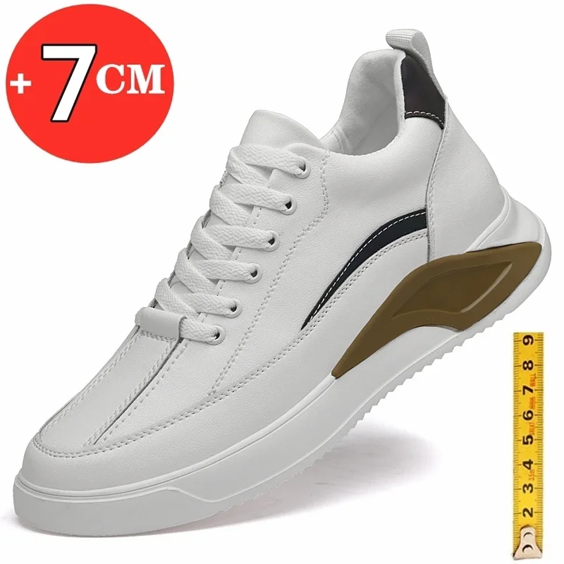 

Man fashion lift sneakers elevator shoes for men casual leather White shoes leisure height increase insole 7cm sport shoes JIT