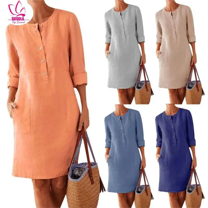 

SUSOLA Lady Casual Solid Color Cotton Linen Women Long Sleeve Tunic Kaftan Dress Length Vestidos Autumn Dresses Clothing