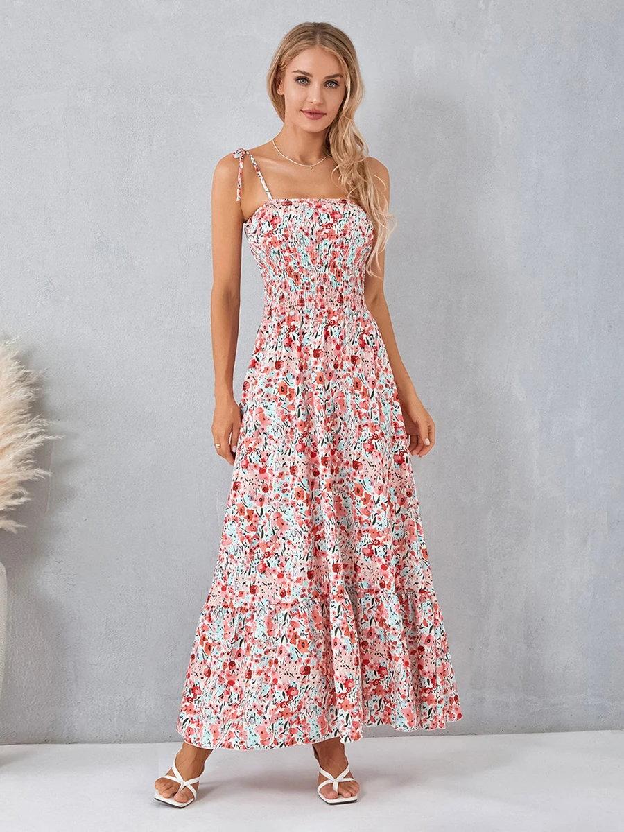 

Women Spaghetti Straps Tie-up Long Dress Floral Print Swing Dress Summer Vacation Party Clubwear