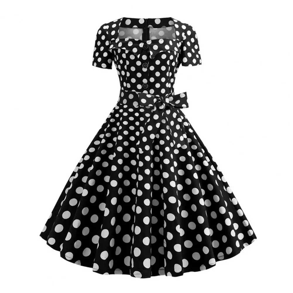 

Retro Dot Dress Retro 1950s A-line Midi Dress with Square Neck Big Hem Button Decor Dot Print Mid Waist Belted Bow Detail