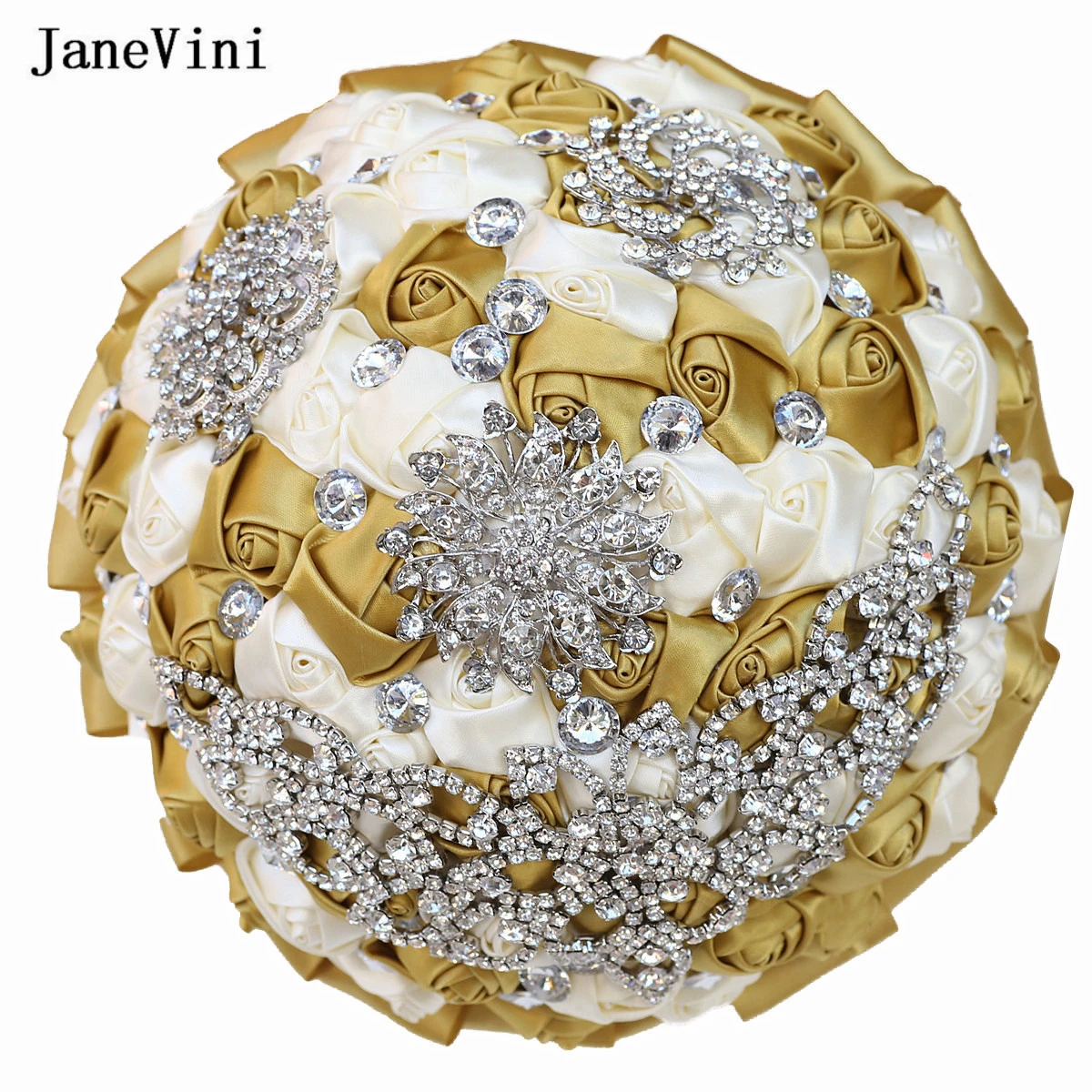 

JaneVini Sparkly Crystal Light Gold Ivory Bridal Bouquets Artificial Satin Roses Bouquet European Wedding Bride Holding Flowers