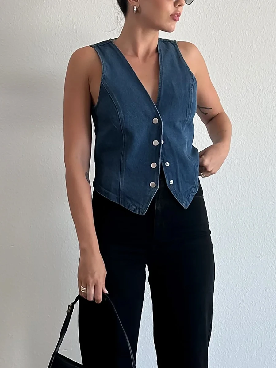 

Womens Denim Waistcoat Sleeveless V-Neck Tank Tops Single Breasted Jean Vintage Slim Jackets