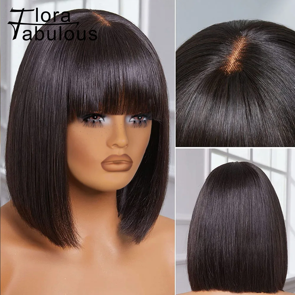 

Bone Straight Fringe Wig Human Hair 180% Density Realistic Look 3x1 Lace Short Bob Wigs With Bangs Ready To Wear Glueless Wig