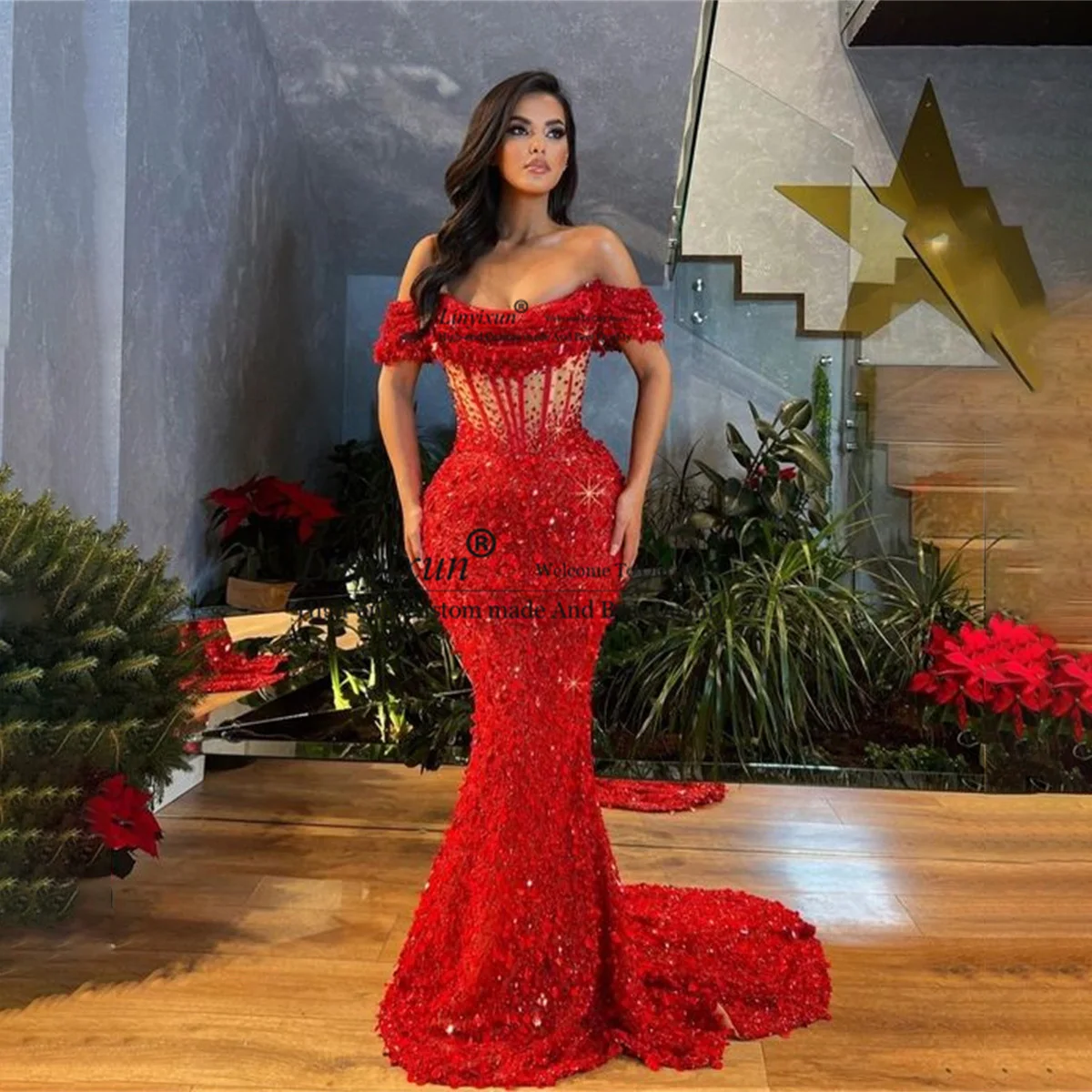 

Arabic Aso Ebi Burgundy Mermaid Prom Dresses With Lace Beaded Sheer Neck Formal Evening Party Gowns Plus Size Robes de soirée