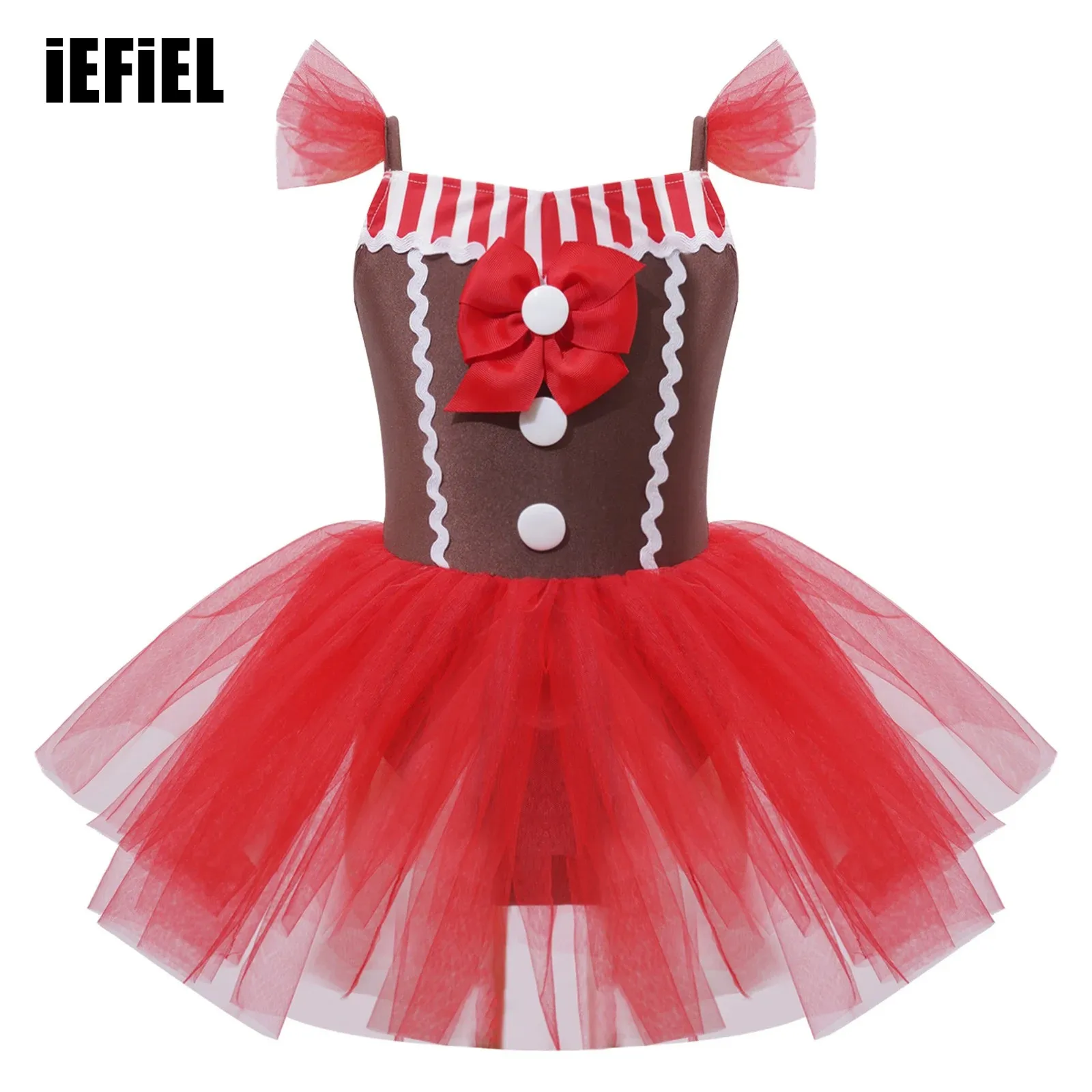 

Kids Girls Christmas Costume Gingerbread Costume Holiday Dress Sleeveless Cami Dress Bowknot Striped Tutu Dress Bodysuit