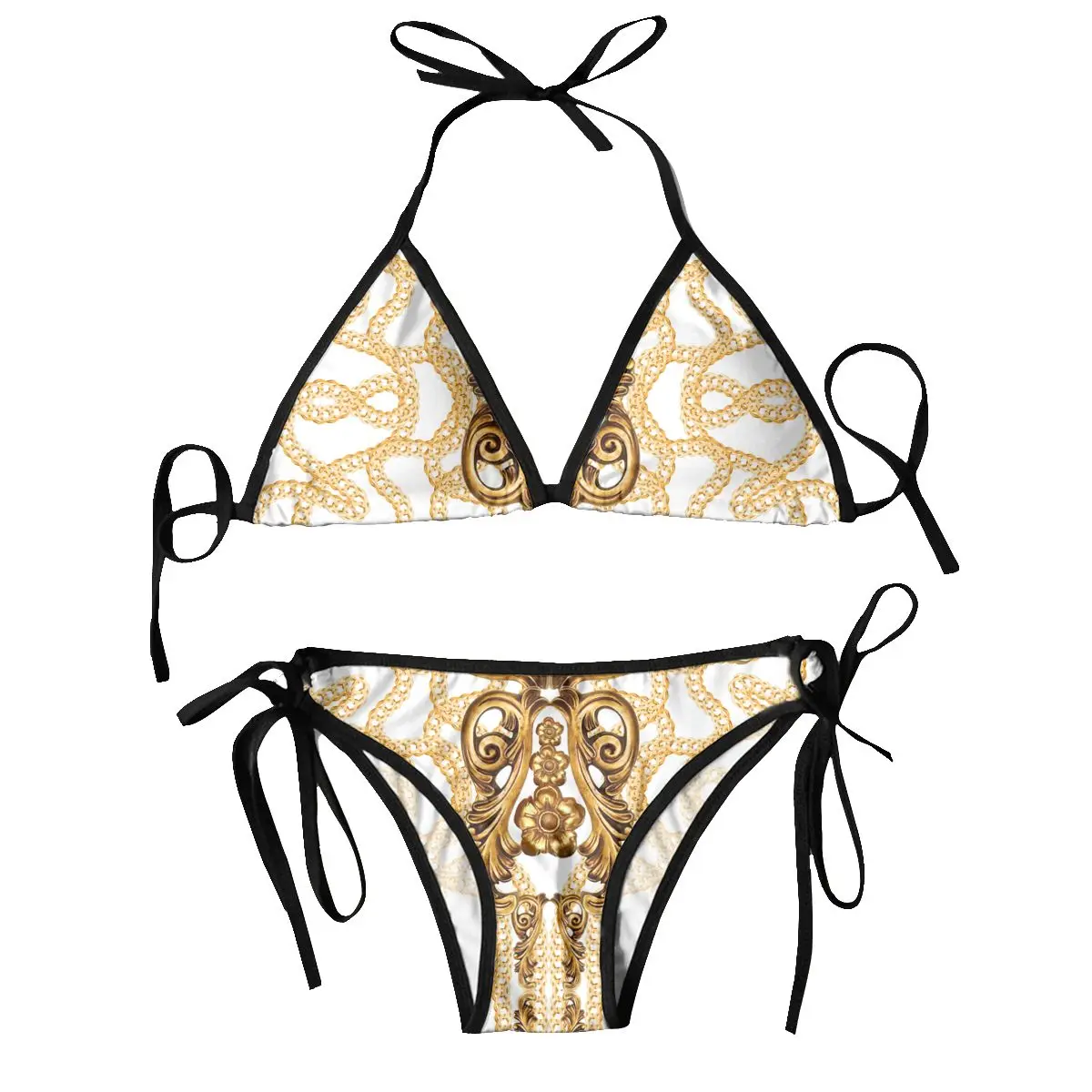 

Women Triangle Swimsuit Lace-up Bikini Set Sexy Halter Swimwear Pushup Gold Baroque