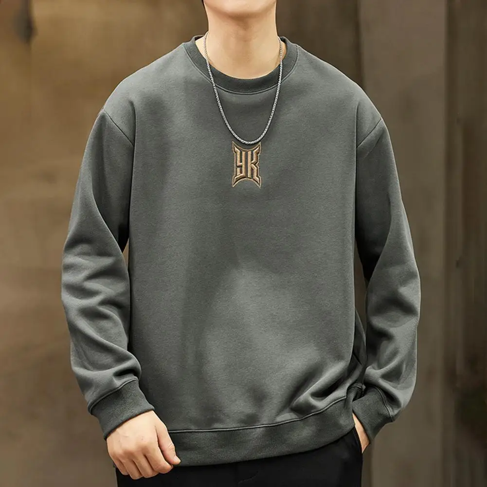 

Men Round Neck Sweatshirt Men's Fall Winter Crew Neck Sweatshirt with Embroidery Detail Loose Fit Elastic Cuff Solid for Casual