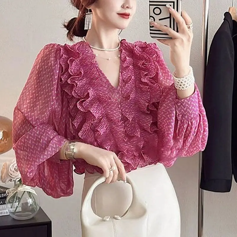 

Stylish V-Neck Ruffles Spliced Blouse 2024 Spring Autumn Elegant French Style Printed Women's Clothing Long Sleeve Commute Shirt