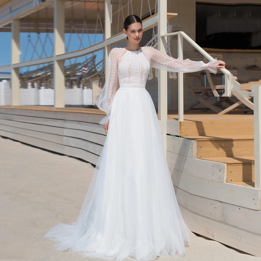 

Elegant A-Line Wedding Dresses Jewel Neck Long Sleeves Bridal Gowns Lace Sweep Train Illusion Tulle Vestidos De Novia 2024
