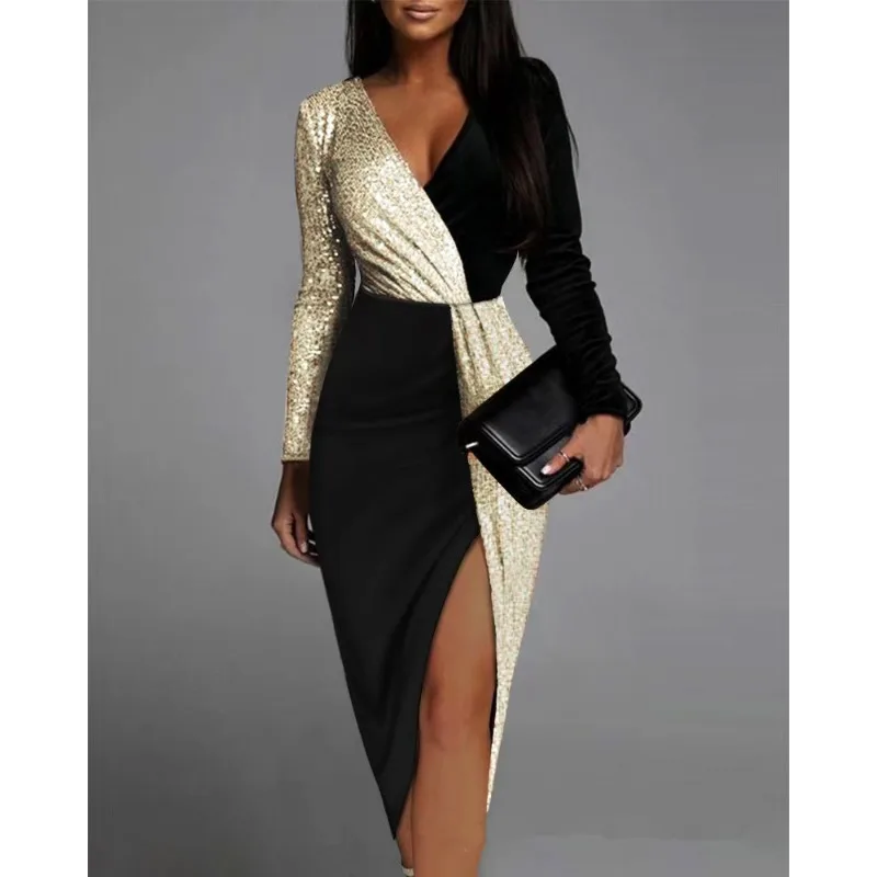 

Sequins Cocktail Party Dress for Women 2023 Sexy Long Sleeve V Neck Slit Evening Graduation Dress Lady Corset Night Clubwear