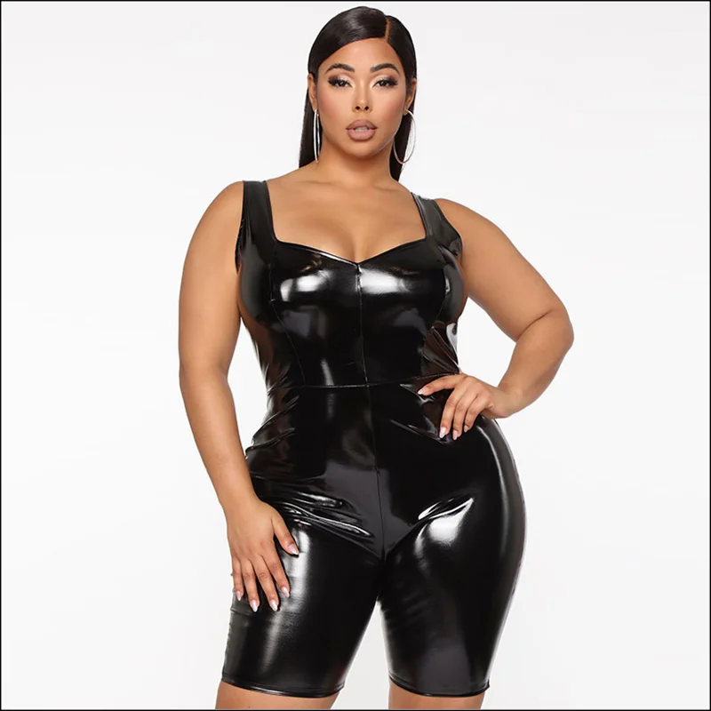 

Plus Size Women Faux Latex Jumpsuits Sleeveless Halter Bodycon Playsuits Ladies Shiny Patent Leather Rompers Clubwear 7XL Custom