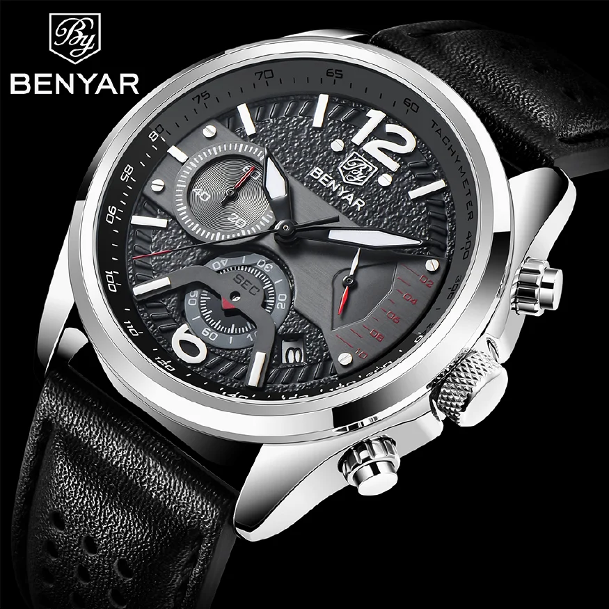 

BENYAR 2023 New Luxury Men Quartz Wristwatches Waterproof Sports Chronograph Watch Top Brand Leather Military Watch reloj hombre