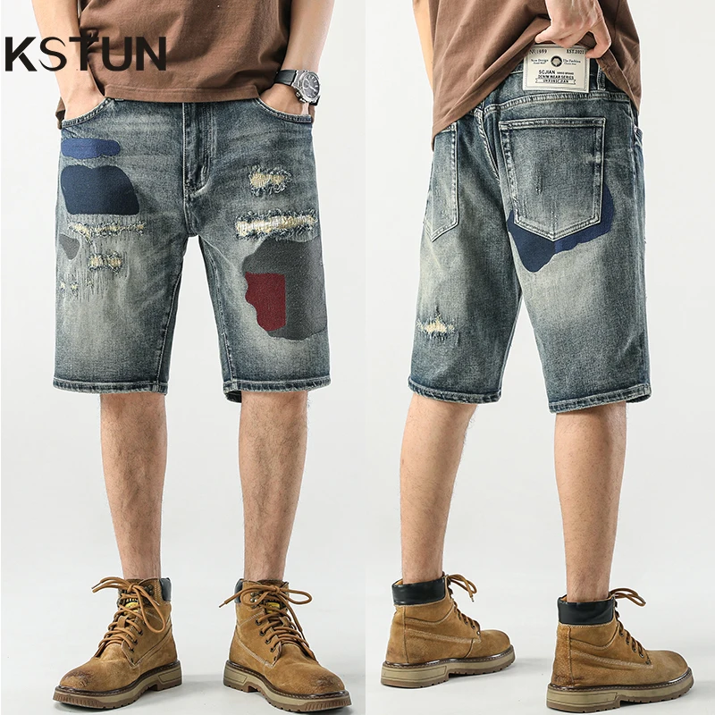 

Hip Hop Summer Shorts Jeans Men Ripped Denim Shorts For Men Patchwork Distressed Patched Stretch High Street Moto & Biker Shorts