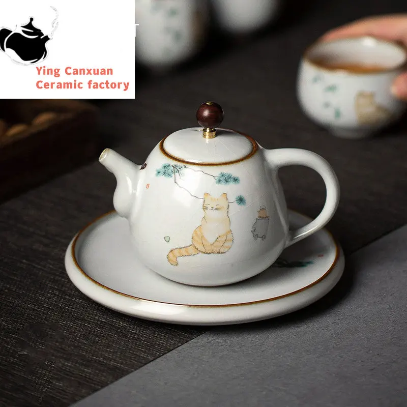 

280ml Traditional Ru Kiln Ceramic Teapots Handmade Cute Cat Pattern Kettle Travel Portable Filter Tea Pot Home Tea Set Drinkware