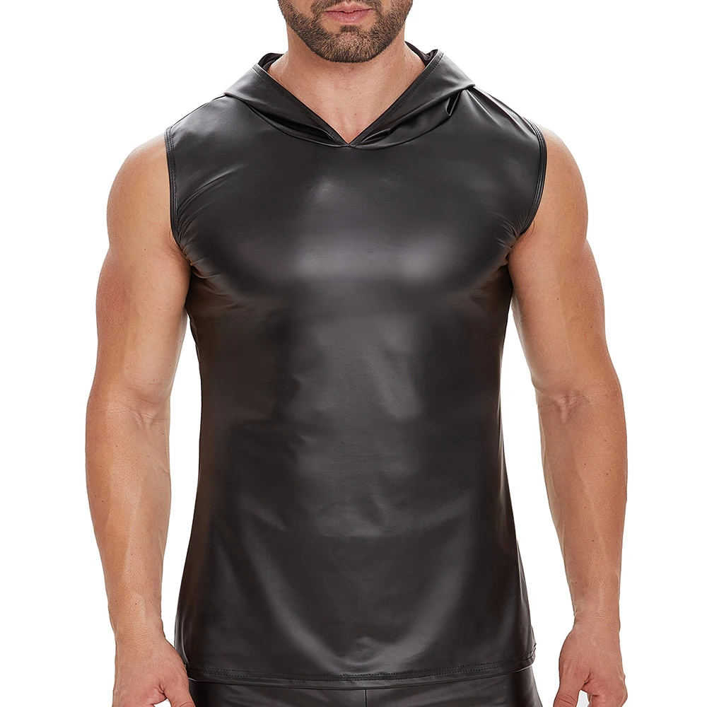 

Plus Size Men Faux Leather Hooded Tank Top Soft Matte Leather Hoodies T-Shirts Sleeveless Sports Vest Gym Fitness Sexy Tanks Top