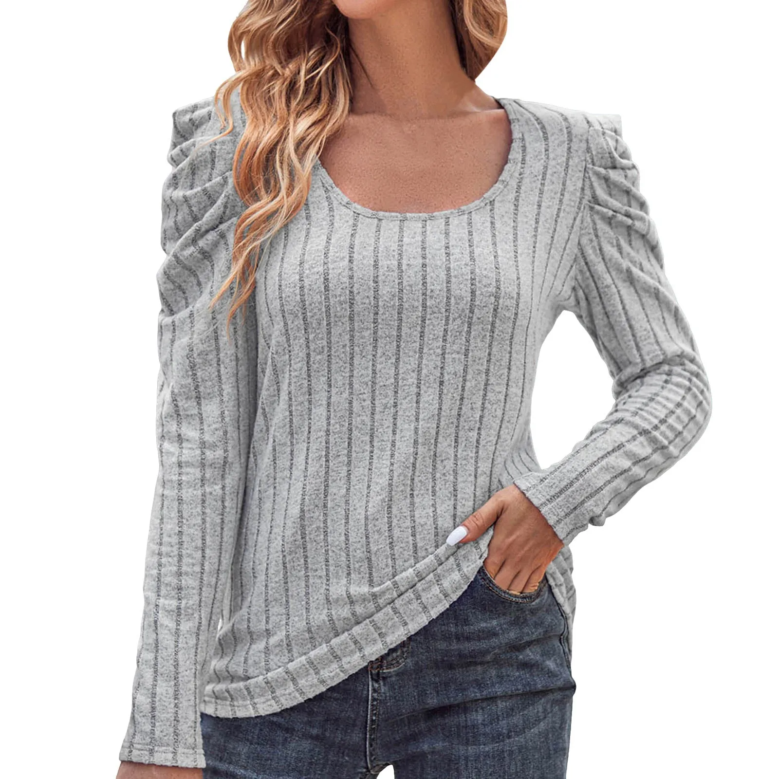 

Women's Casual Square Neck Slim Fitting Long Sleeved Versatile Knitted Top Layering Tee Tunic Womens Tops Casual