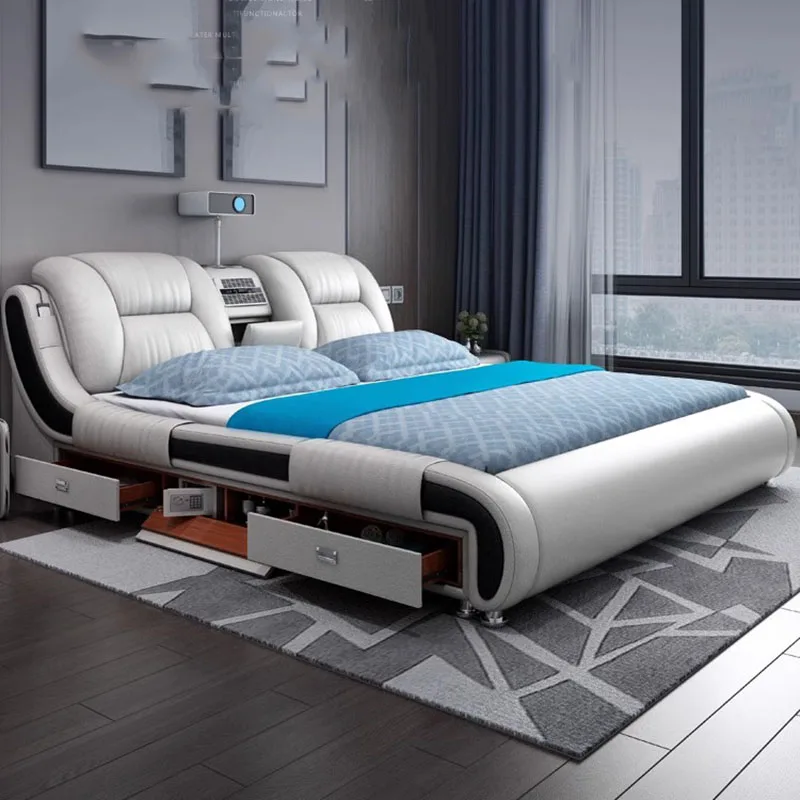 

Роскошная Современная двуспальная кровать для хранения, спальня, двуспальная кровать, белая рамка, умная кровать, мебель для комнаты