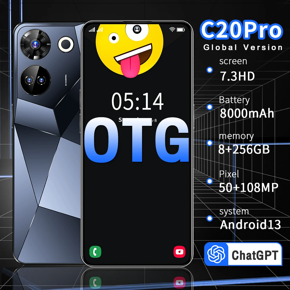 

Global Version C20 Pro 5G Smartphone Android13 8GB / 256GB 8000mAh Cellphone 50MP+108MP Camera 7.3 inch Deca Core Mobile Phone