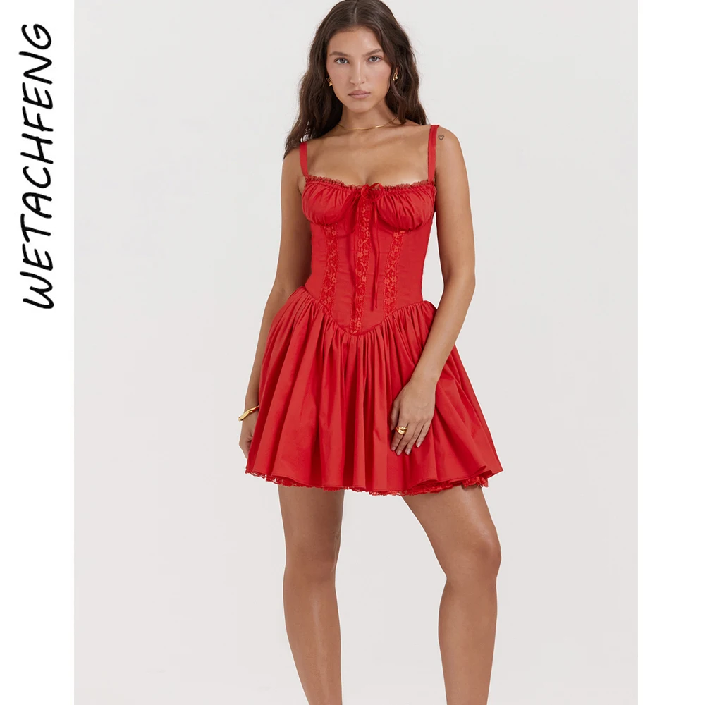 

Женское элегантное красное платье принцессы, кружевное привлекательное мини-платье на бретельках, летнее праздничное уличное облегающее пляжное короткое платье 2024