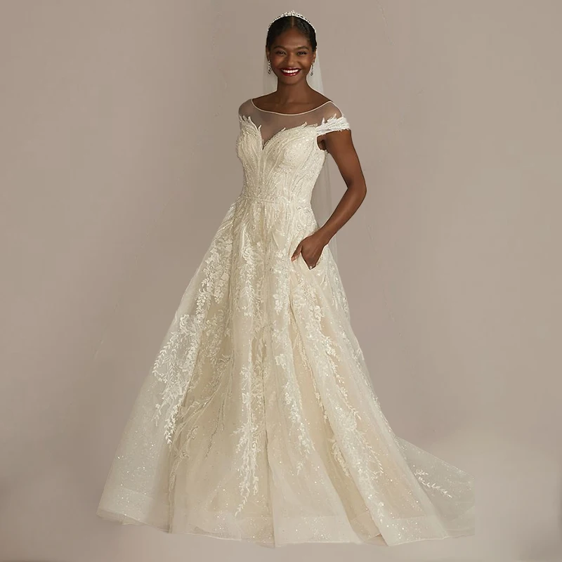 

Gorgeous A-Line Wedding Dresses Elegant Cap Sleeves Bridal Gowns Sequined Lace Appliques Sheer Scoop Train Vestidos De Novia