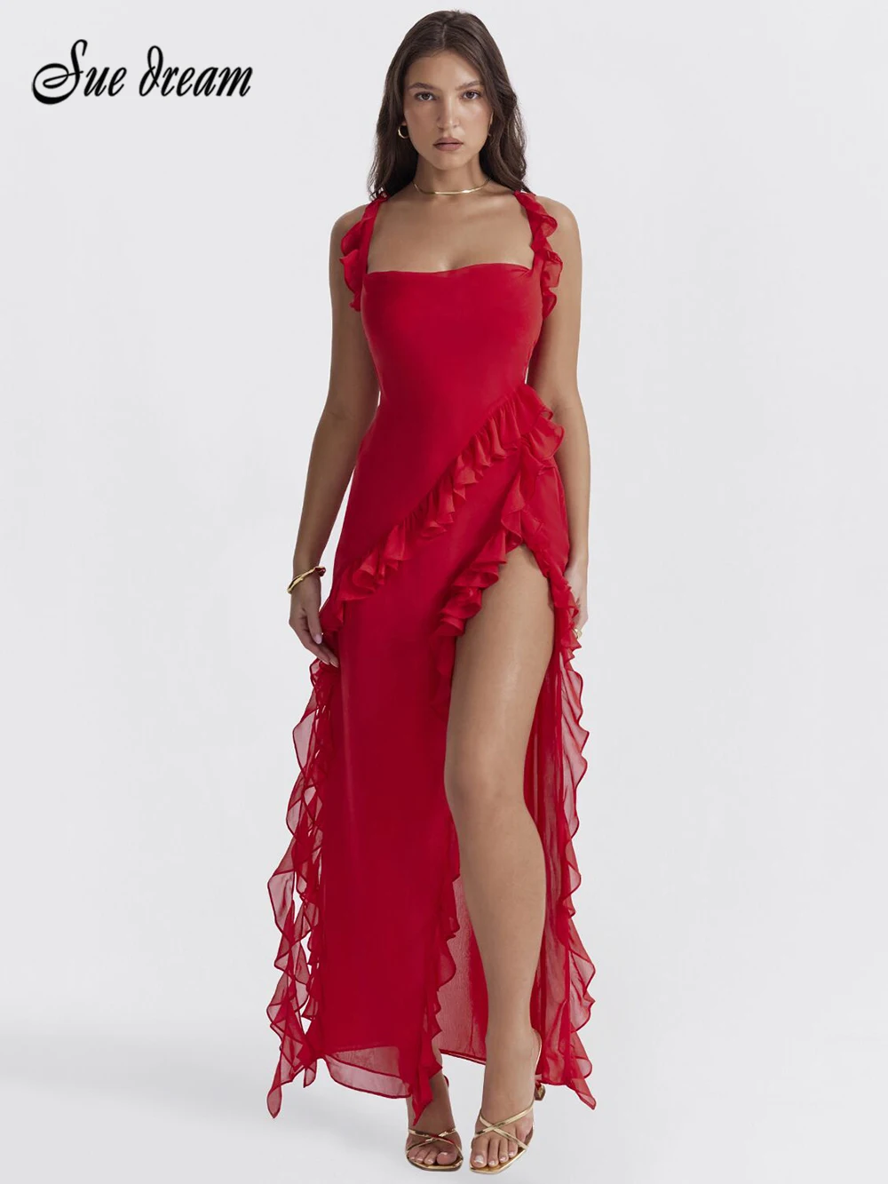 Sexy Red Ruffles Backless Long Dresses Women Sleeveless Elegant Club Party Dress 2023 Summer Beach Slit Vestidos 
Sexy Red Ruffles Backless Long Dresses Women Sleeveless Elegant Club Party Dress 2023 Summer Beach Slit Vestidos