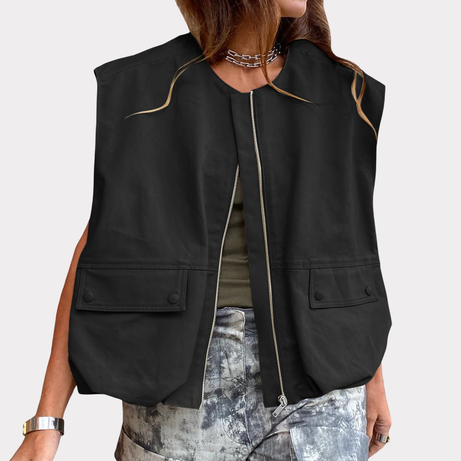 Винтажный женский жилет-карго на молнии, без рукавов
Винтажный женский жилет-карго на молнии, без рукавов