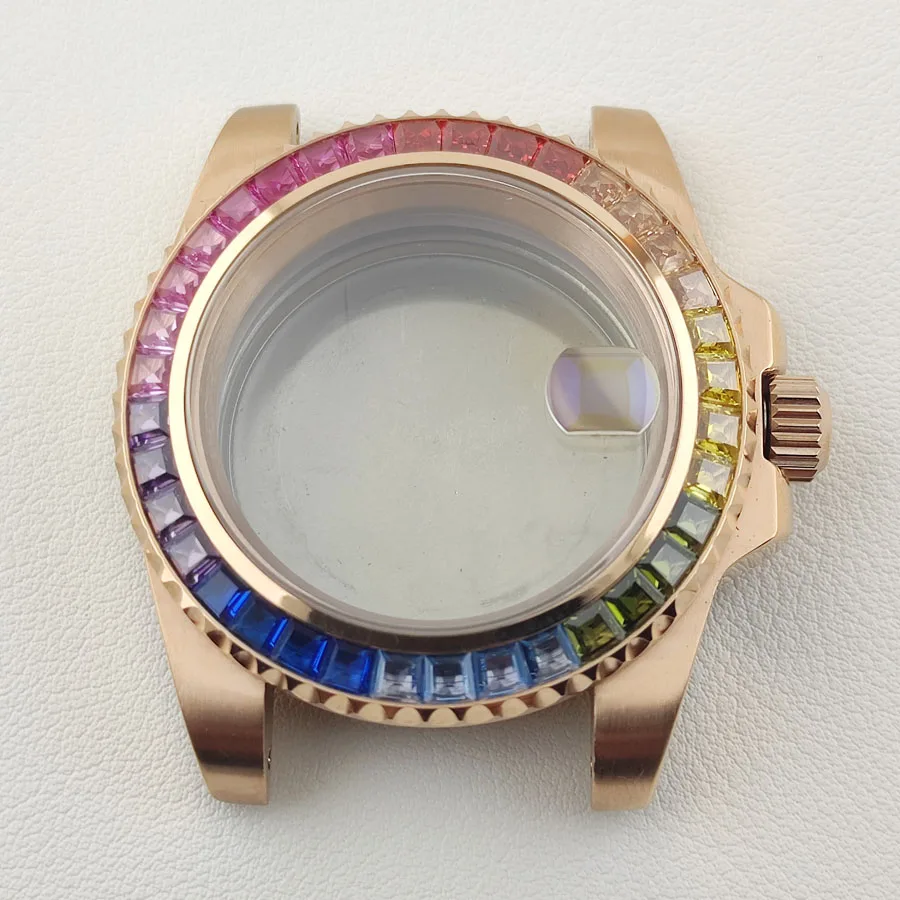 

40MM NH35 Case Gold Rainbow Diamonds Bezel Ring Men's Stainless Steel Sapphire Glass Watch case Fit NH35 NH36 Movement