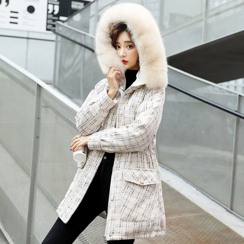 

Женское пальто с капюшоном и меховым воротником, теплое пальто с подкладкой и капюшоном, свободного покроя, средней длины, корейский стиль, Паркер, зима 2024