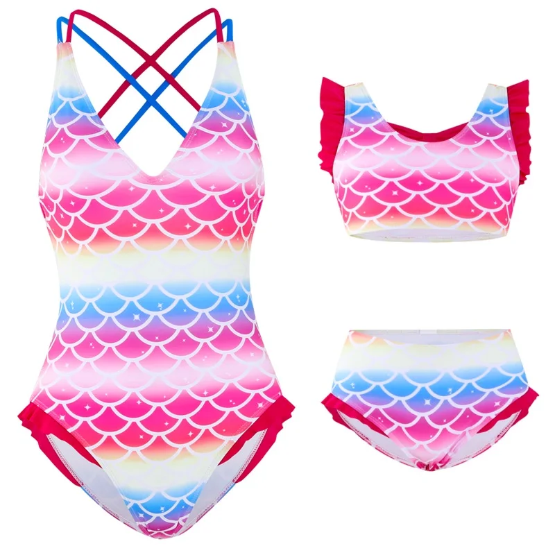 

2024 Mermaid Mother Daughter Matching Swimsuits Family Set Mommy and Me Bikini Dresses Clothes Ruffled Women Girls Swimwear