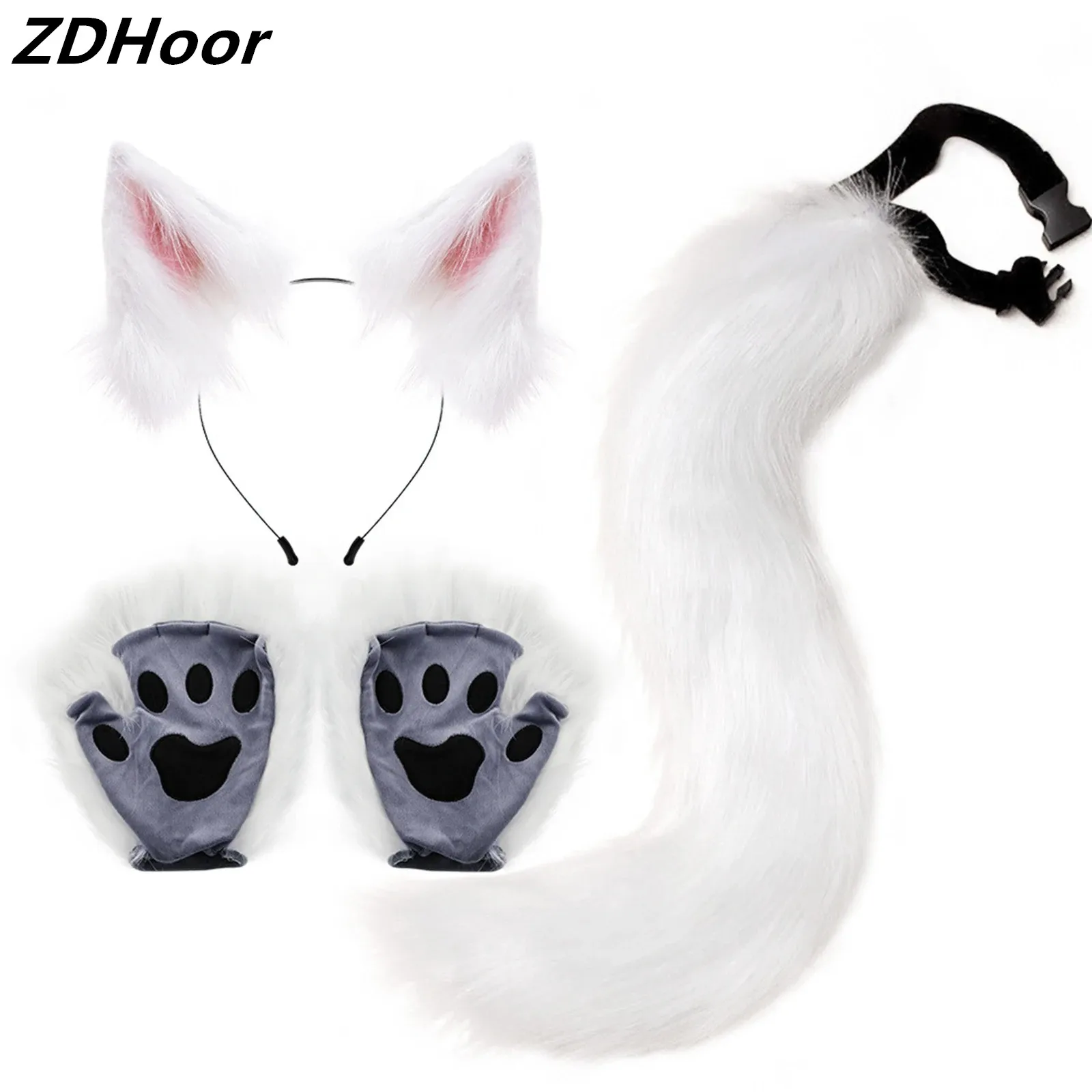 

Cat Faux Fur Cosplay Set Halloween Dress Up Props Fox Wolf Kit Ears Headwear Paw Push Gloves And Tails 3-Piece Animals Anime