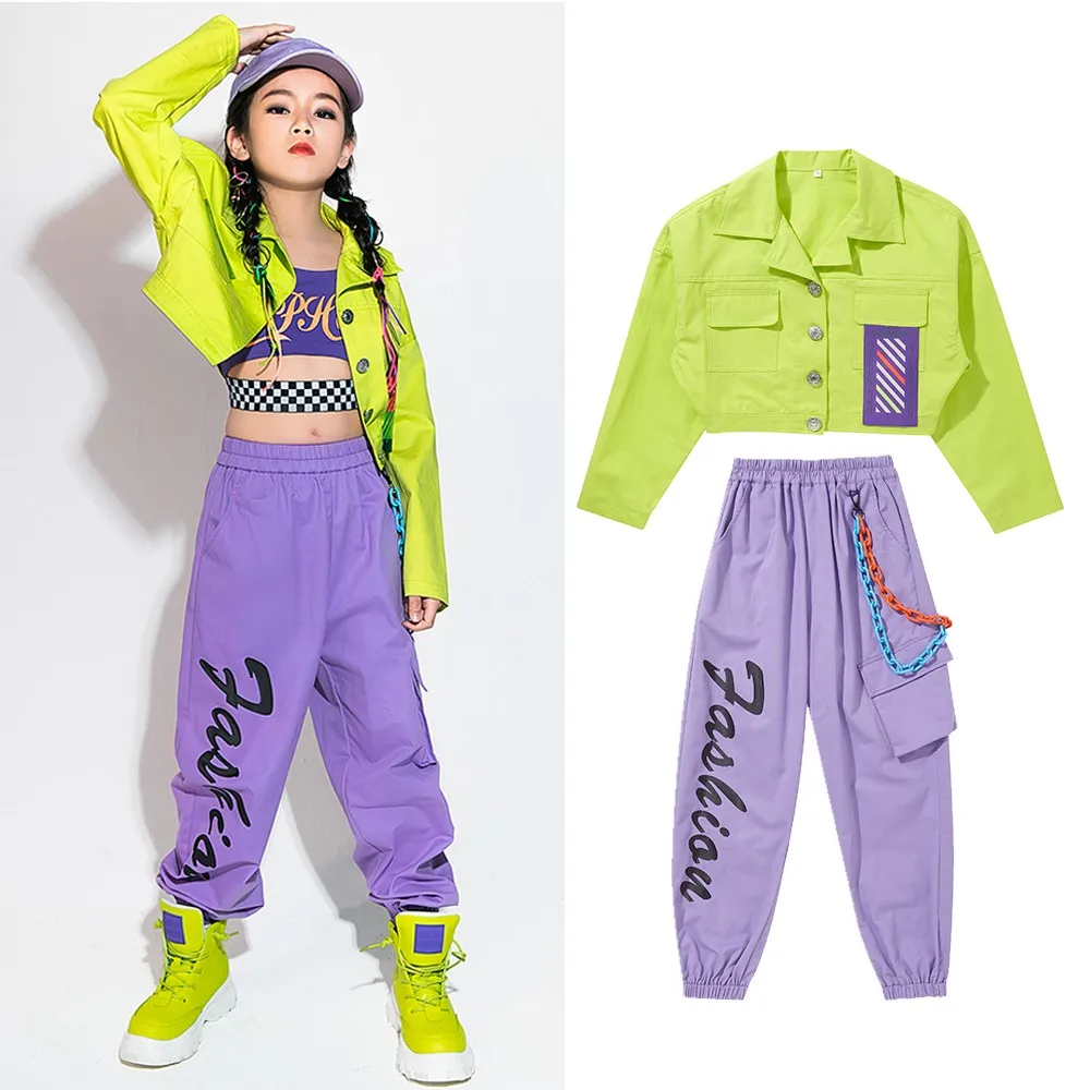 

Child Kid Jazz Ballroom Dance Costume Clothes Girls Hip Hop Clothing Fluorescent Green Tops Coat Jacket Purple Vest Causal Pants