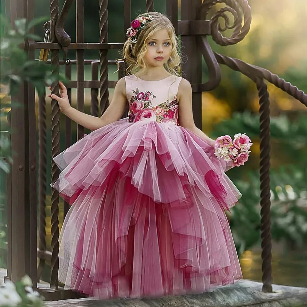 

Quality First Communion Dresses Kids Evening Ball Gown Gold Applique Bow Girls Pageant Dress Satin Tulle Flower Girl Dress